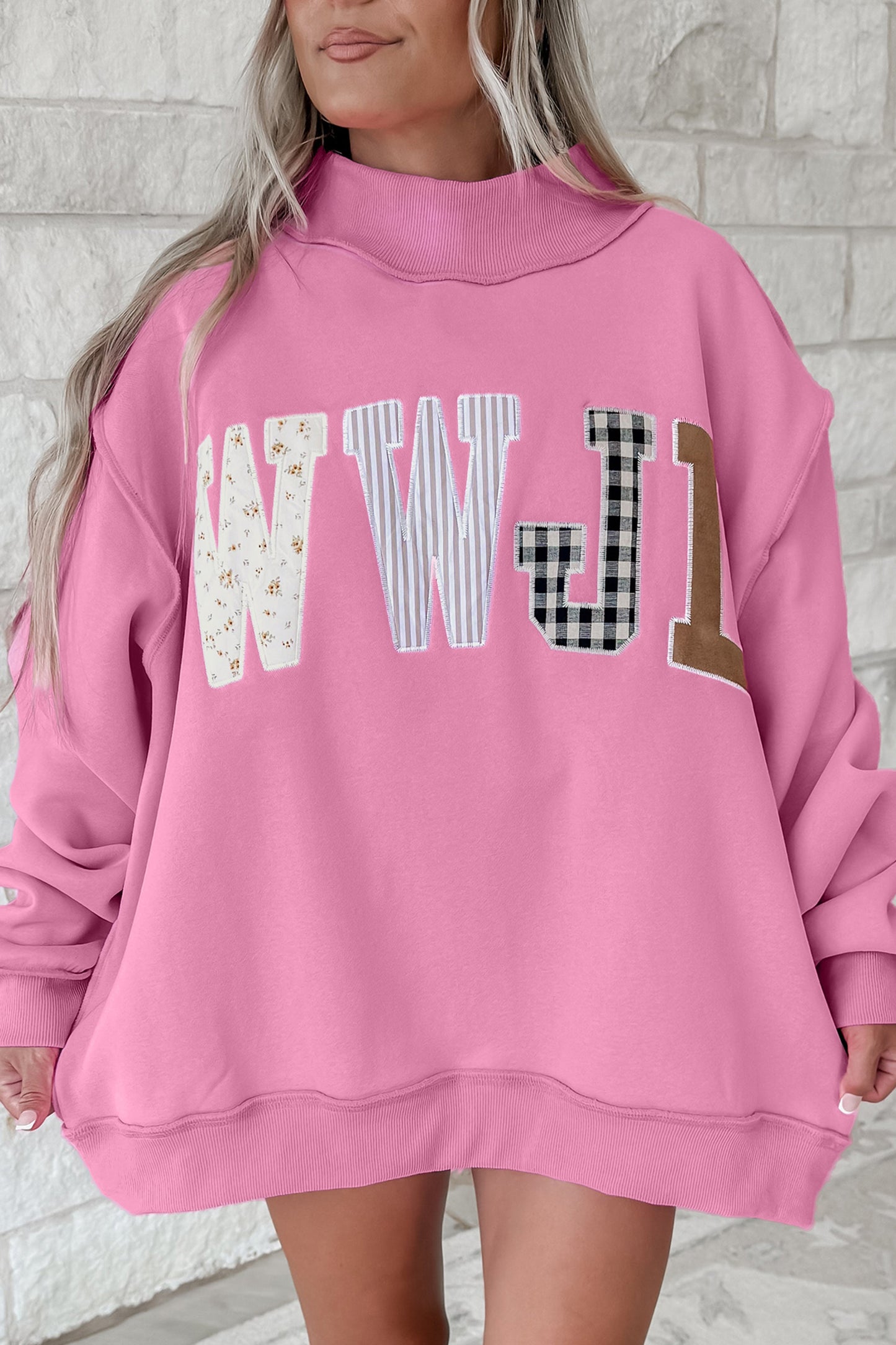 Coffee WWJD Mixed Pattern Embroidered Patch Graphic Mock Neck Sweatshirt