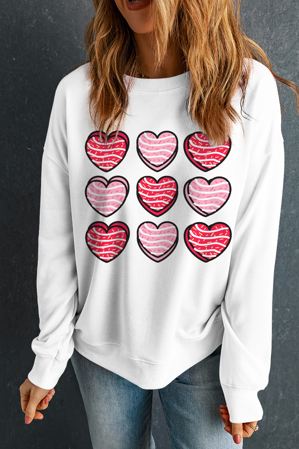 White Heart Graphic Crewneck Valentines Pullover Sweatshirt-Graphic Sweatshirts-[Adult]-[Female]-2022 Online Blue Zone Planet