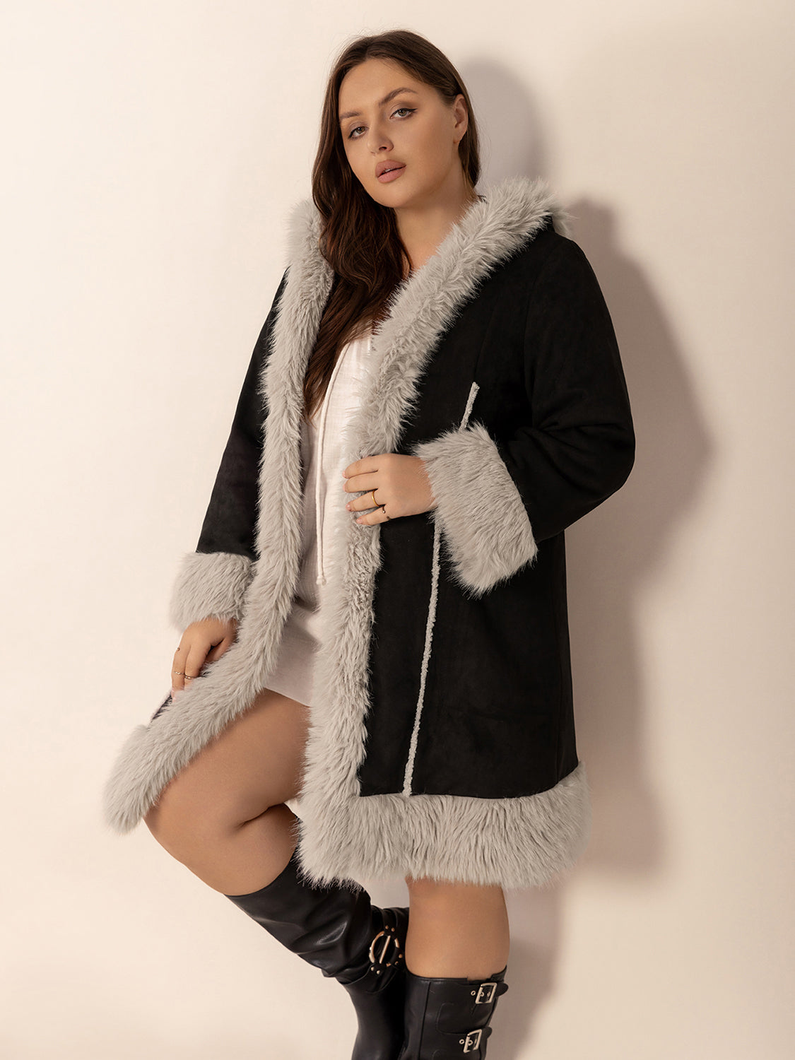 Blue Zone Planet | Plus Size Fuzzy Trim Open Front Long Sleeve Hooded Coat-TOPS / DRESSES-[Adult]-[Female]-2022 Online Blue Zone Planet