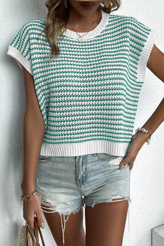 Green Stripe Ribbed Trim Loose Fit Knitted Sweater Vest-Sweaters & Cardigans/Sweater Vests-[Adult]-[Female]-Green Stripe-S-2022 Online Blue Zone Planet