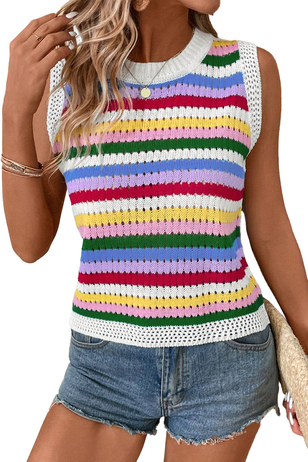 Multicolour Striped Knitted Eyelet Slim Sweater Vest-Sweaters & Cardigans/Sweater Vests-[Adult]-[Female]-2022 Online Blue Zone Planet