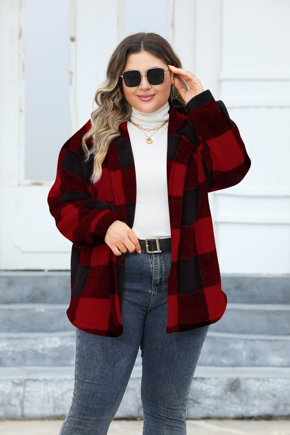 Plus Size Plaid Button Up Hooded Jacket-TOPS / DRESSES-[Adult]-[Female]-2022 Online Blue Zone Planet