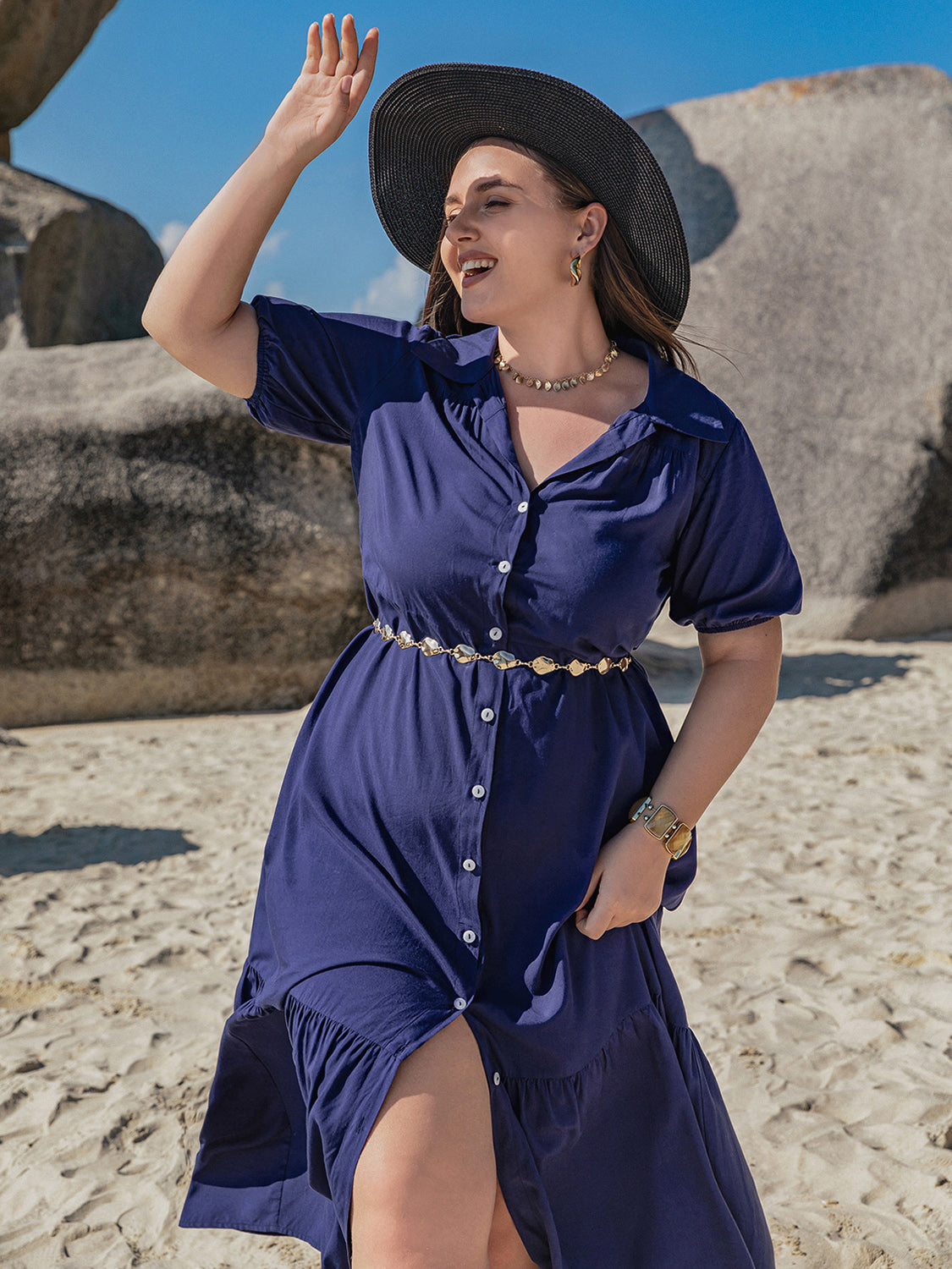 Blue Zone Planet | Plus Size Collared Neck Short Sleeve Midi Dress-TOPS / DRESSES-[Adult]-[Female]-2022 Online Blue Zone Planet