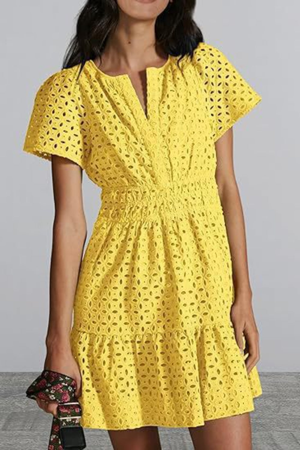 Blue Zone Planet | Eyelet Notched Short Sleeve Mini Dress-TOPS / DRESSES-[Adult]-[Female]-Yellow-S-2022 Online Blue Zone Planet