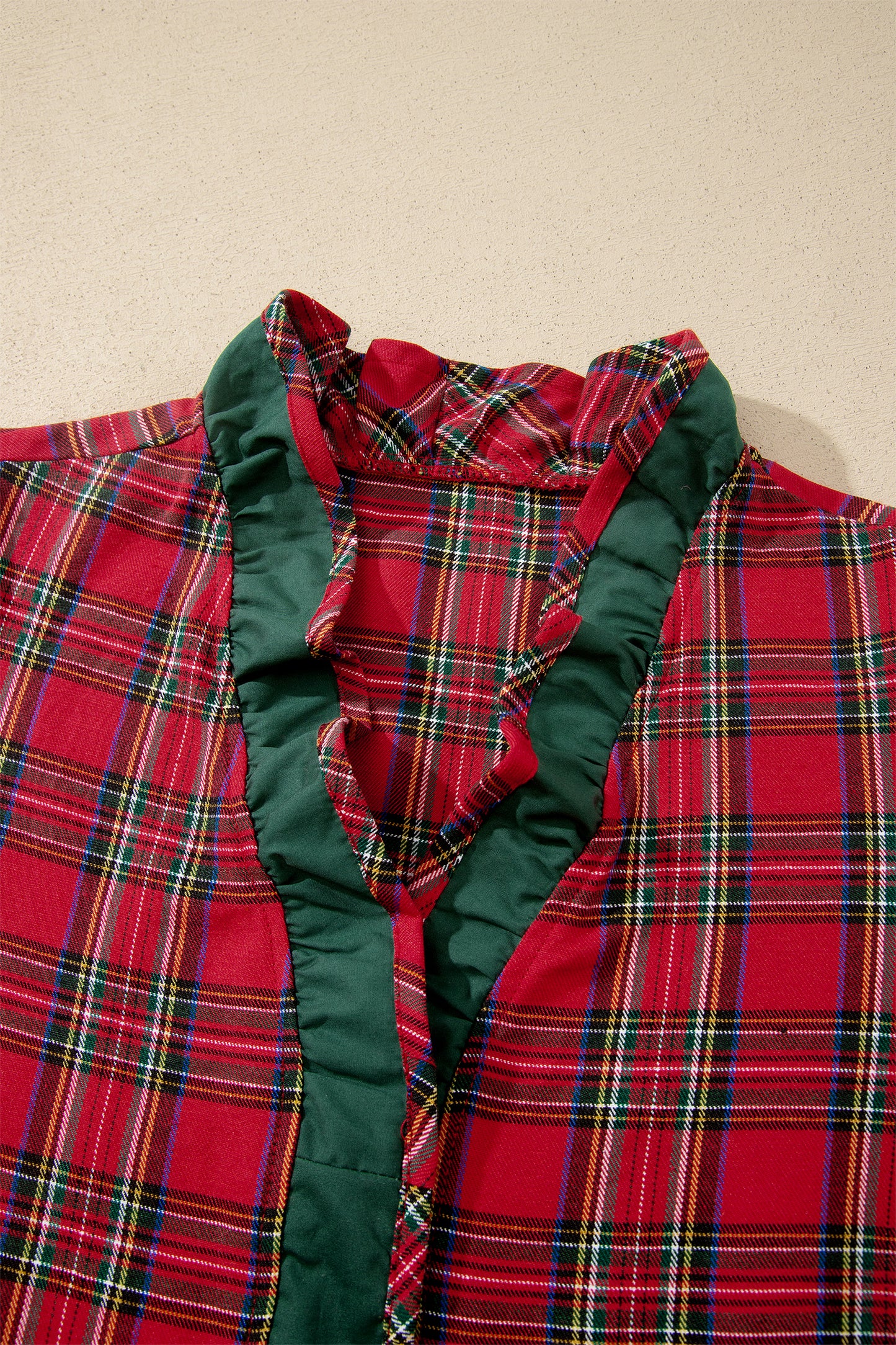 Red Plaid V Neck Ruffle Color Block Trim Short Sleeve Shirt