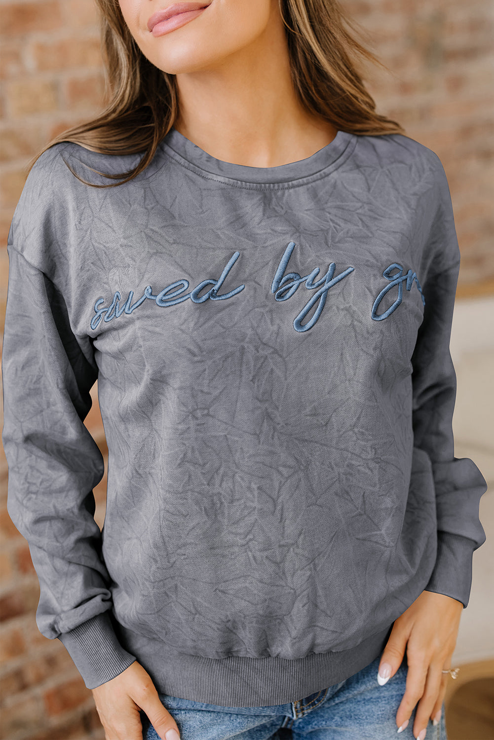 High-Rise Saved By Grace Letter Embroidery Mineral Wash Loose Sweatshirt