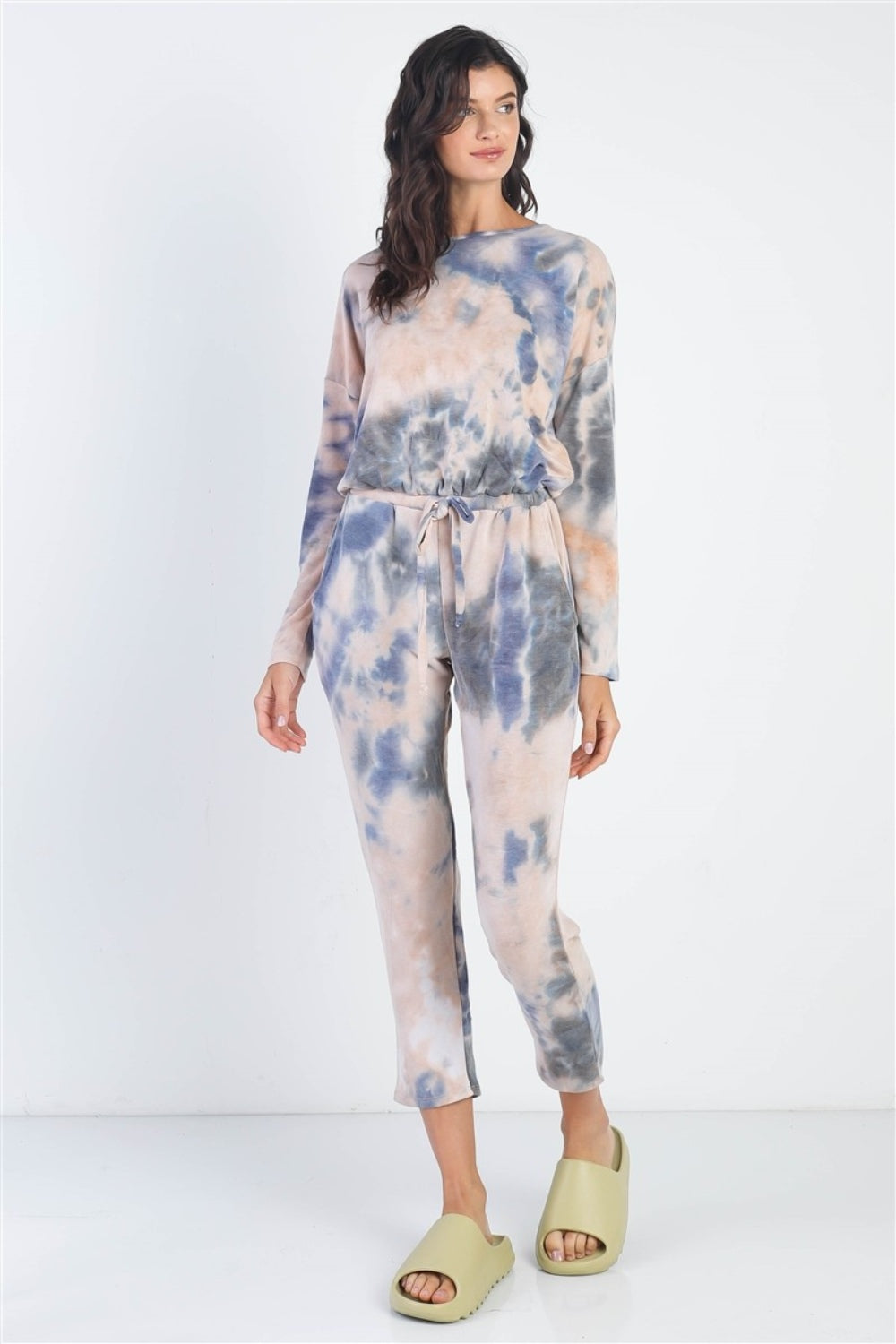 Blue Zone Planet | Cherish Apparel Tie-Dye Round Neck Long Sleeve Jumpsuit-TOPS / DRESSES-[Adult]-[Female]-2022 Online Blue Zone Planet