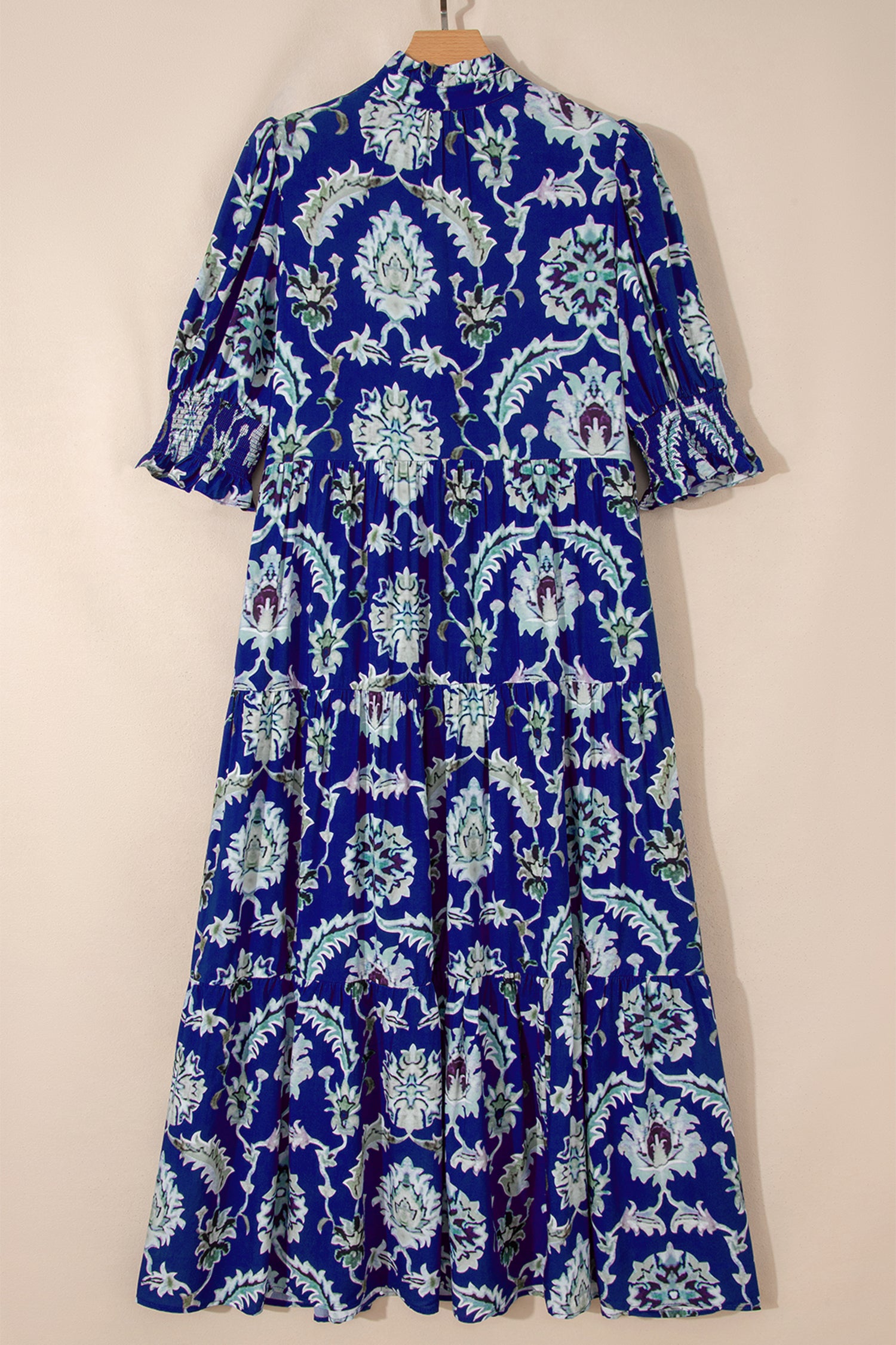 Blue Wild Floral Print Frilled Collar Half Sleeve Long Dress-TOPS / DRESSES-[Adult]-[Female]-2022 Online Blue Zone Planet