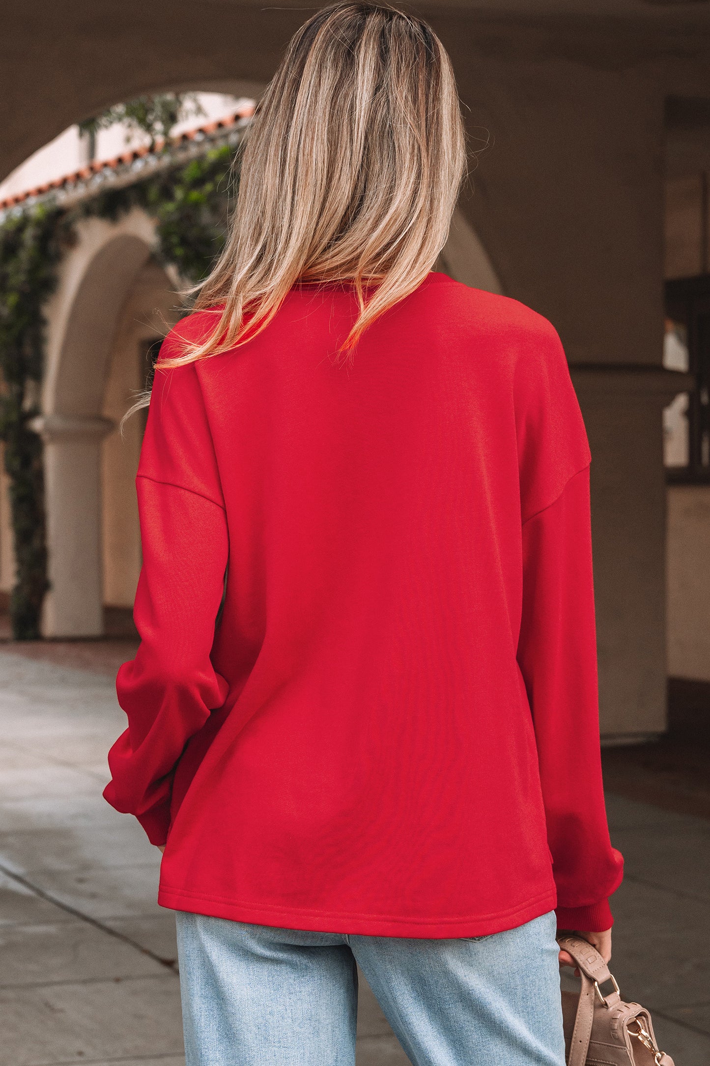 Fiery Red Plaid Frayed Double Christmas Tree Patched Drop Shoulder Sweatshirt-Tops/Sweatshirts & Hoodies-[Adult]-[Female]-2022 Online Blue Zone Planet