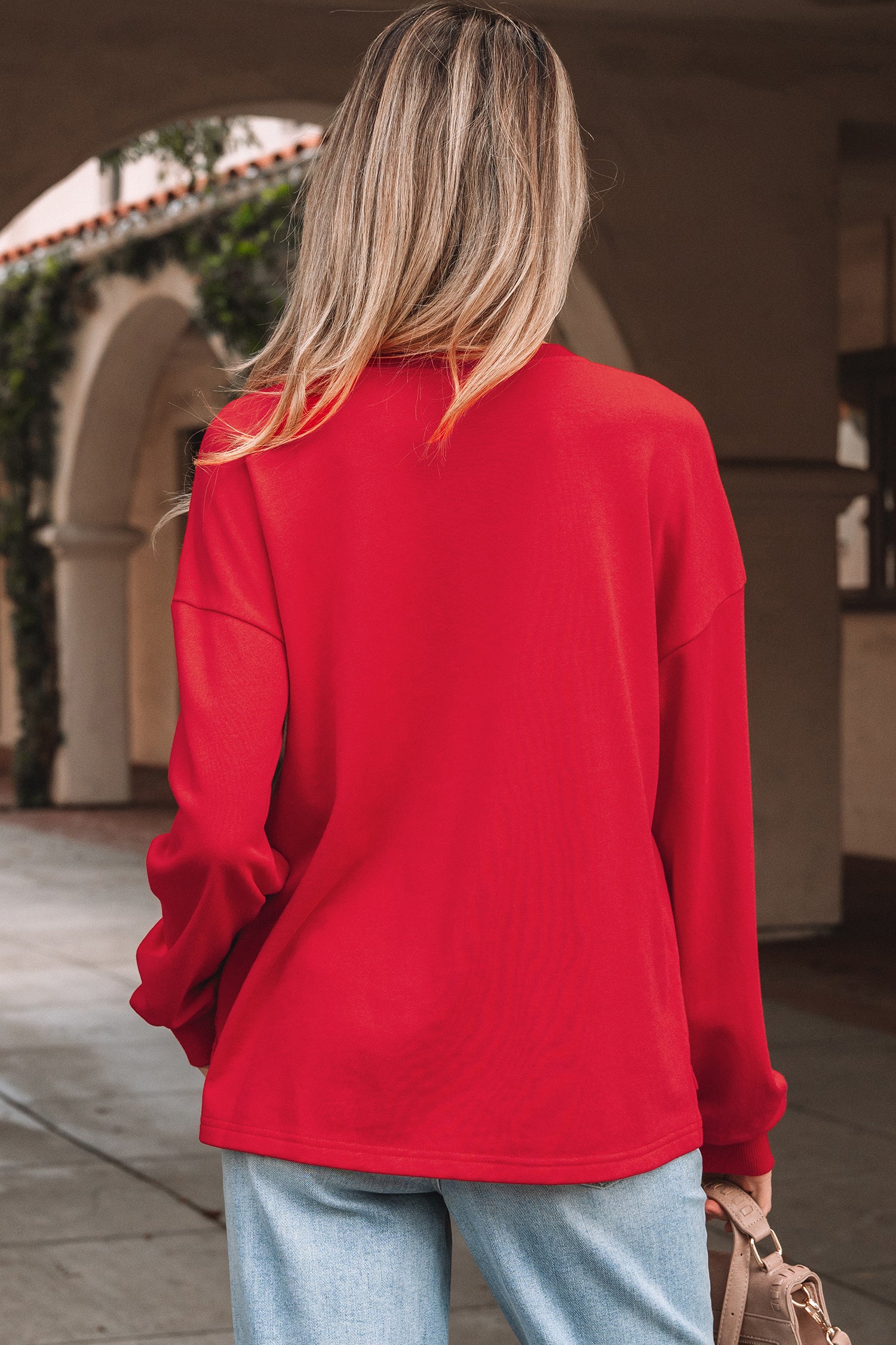 Fiery Red Plaid Frayed Double Christmas Tree Patched Drop Shoulder Sweatshirt-Tops/Sweatshirts & Hoodies-[Adult]-[Female]-2022 Online Blue Zone Planet