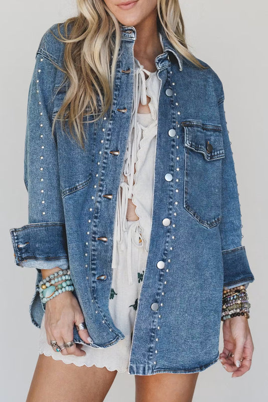 Sail Blue Rivet Embellished Western Style Regular Fit Long Sleeve Denim Jacket-Outerwear/Denim jackets-[Adult]-[Female]-2022 Online Blue Zone Planet