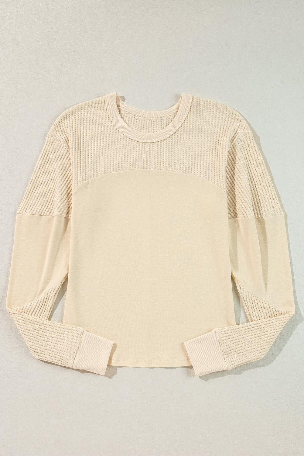 Blue Zone Planet | Beige Thermal Knit Patchwork Exposed Seam Long Sleeve Top-Tops/Long Sleeve Tops-[Adult]-[Female]-2022 Online Blue Zone Planet