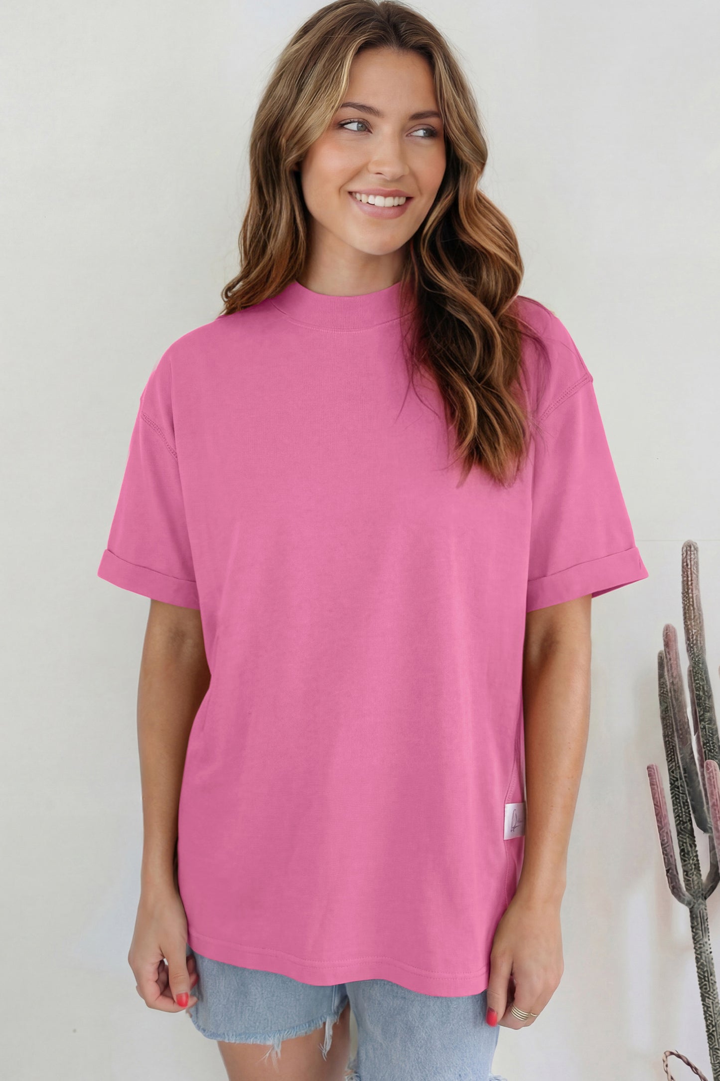 Pink Solid Color High Neck Oversize Tee-Tops/Tops & Tees-[Adult]-[Female]-2022 Online Blue Zone Planet