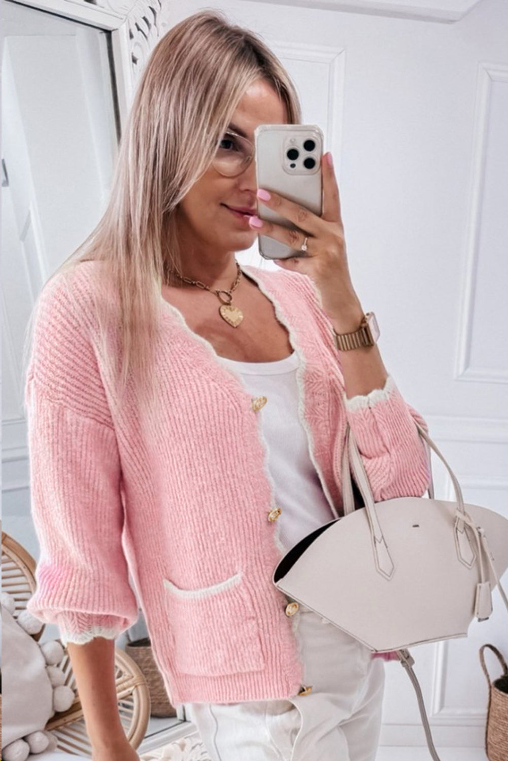 Pink Ribbed Knit Scalloped Edge Side Pockets Buttoned Cardigan-Sweaters & Cardigans/Cardigans-[Adult]-[Female]-2022 Online Blue Zone Planet