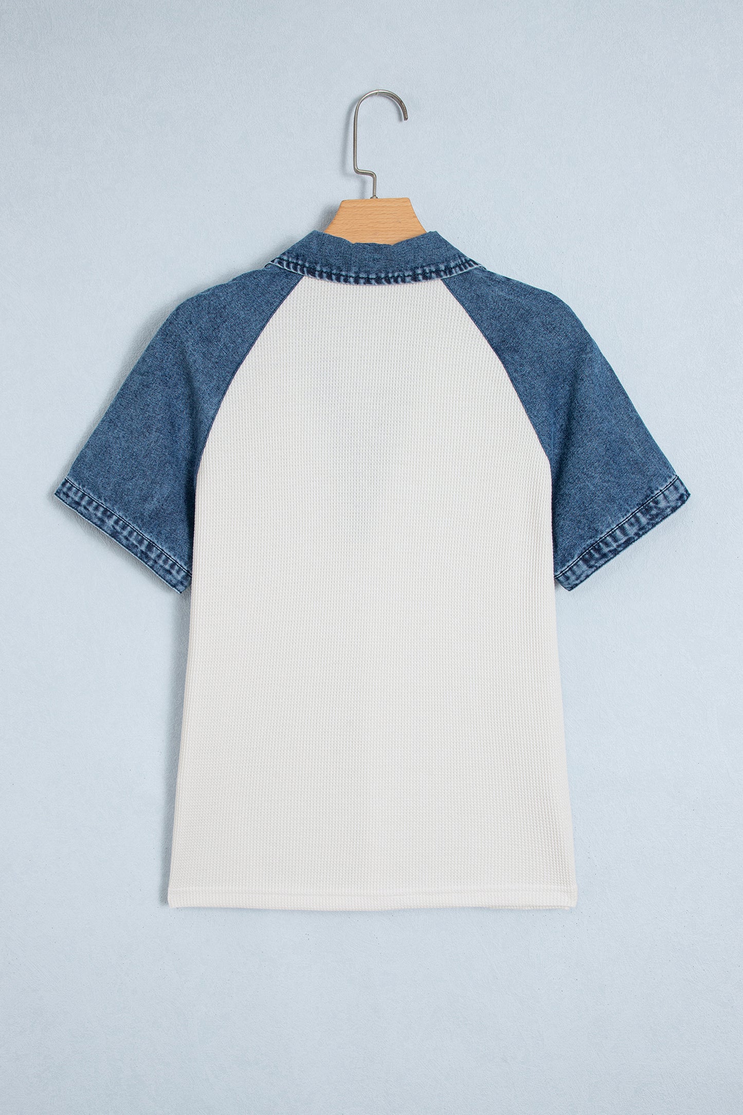 White Textured Color Block Denim Patchwork Polo Collar Tee-Tops/Tops & Tees-[Adult]-[Female]-2022 Online Blue Zone Planet