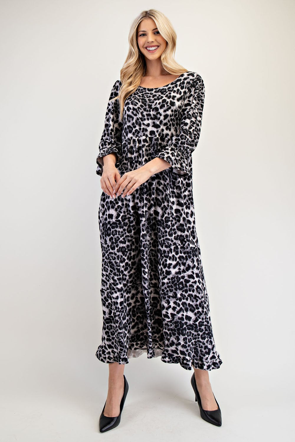 Blue Zone Planet | Celeste Full Size Leopard Round Neck Flounce Sleeve Dress-TOPS / DRESSES-[Adult]-[Female]-2022 Online Blue Zone Planet