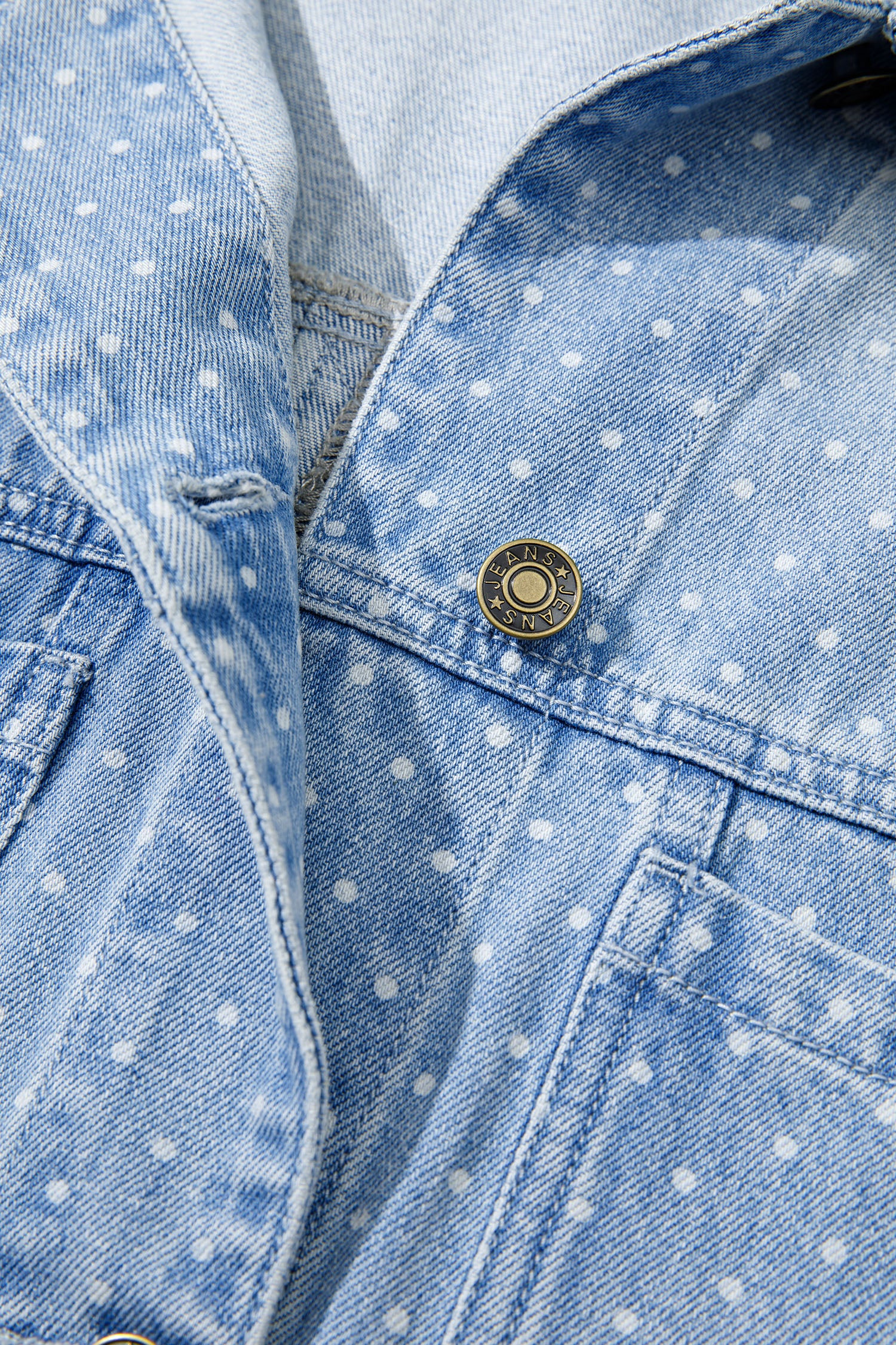 Sky Blue Polka Dot Long Sleeve Collar Pocket Casual Shift Silhouette Denim Jacket-Outerwear/Denim jackets-[Adult]-[Female]-2022 Online Blue Zone Planet