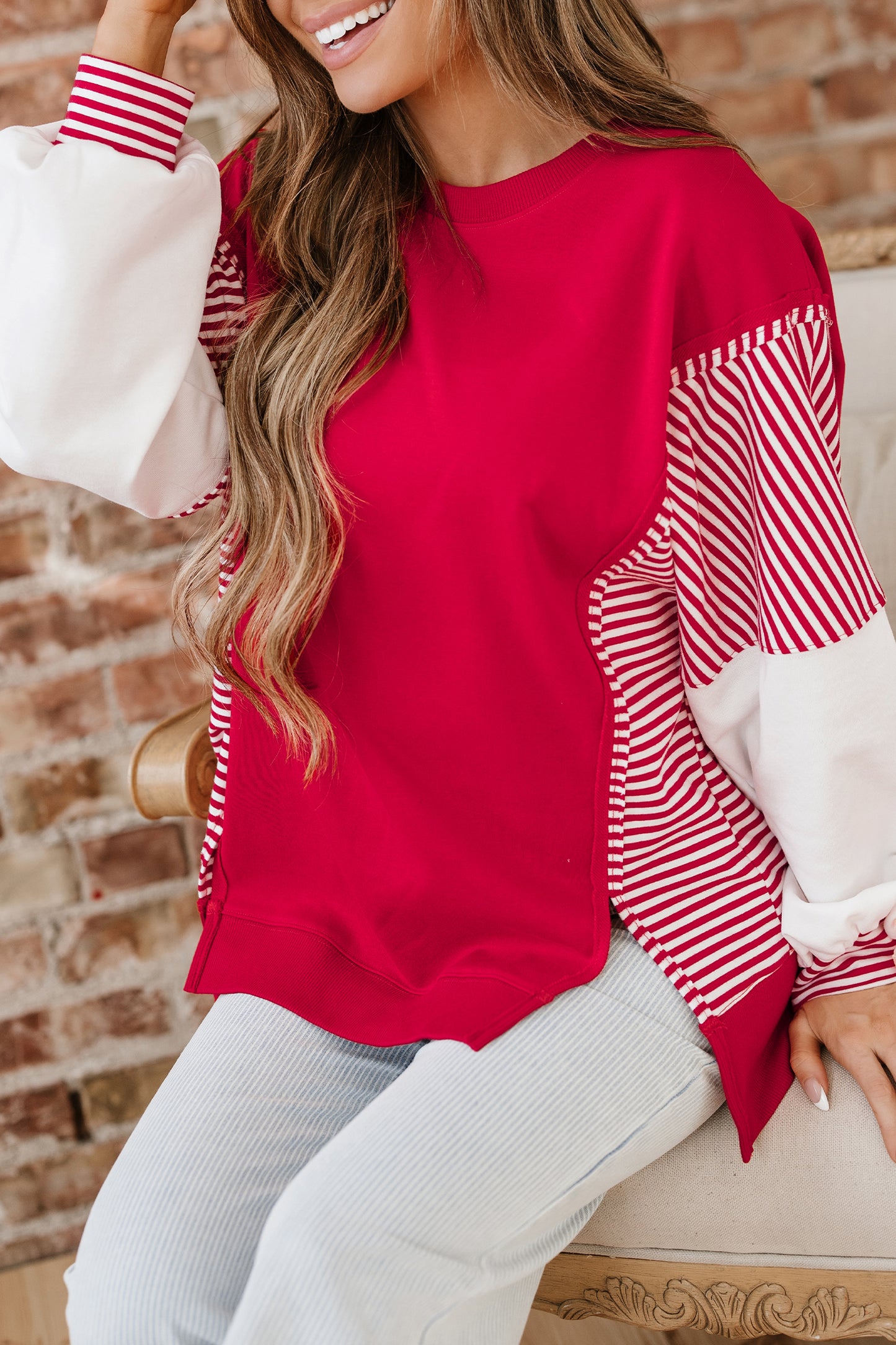 Fiery Red Striped Patchwork Sleeve Colorblock Sweatshirt-Tops/Sweatshirts & Hoodies-[Adult]-[Female]-2022 Online Blue Zone Planet