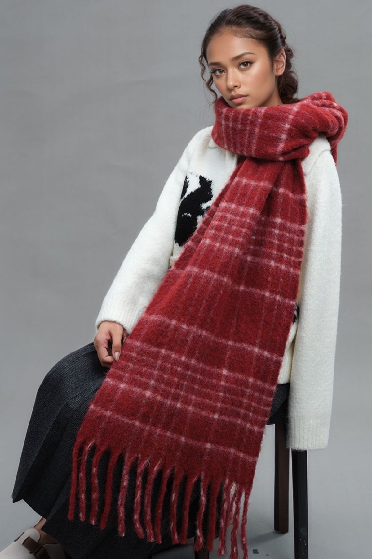 Fringe Plaid Thermal Scarf-SCARVES-[Adult]-[Female]-2022 Online Blue Zone Planet