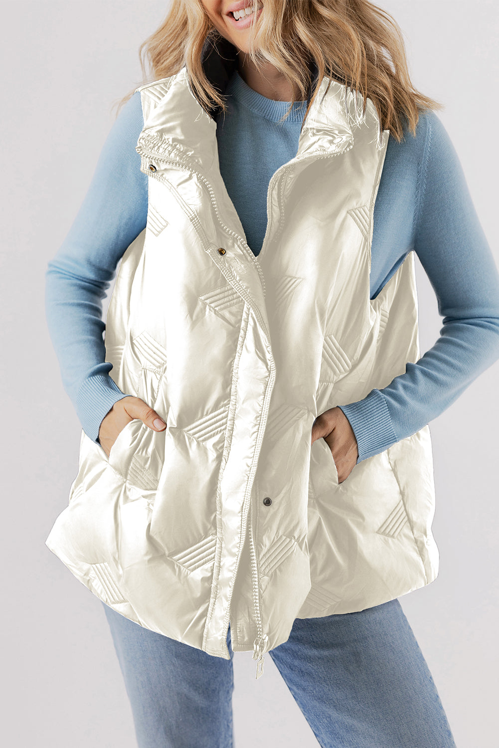 Black Quilted High Neck Zip Up Jacket Vest-Outerwear/Vests-[Adult]-[Female]-White-S-2022 Online Blue Zone Planet