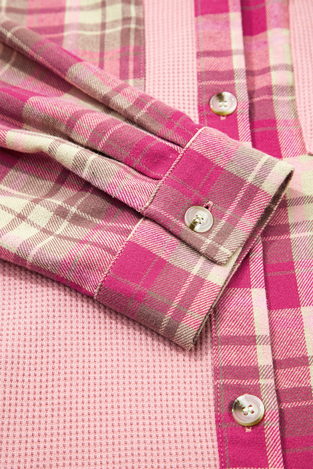 Pink Waffle Patch Pocket Plaid Patchwork Plus Size Shirt-Plus Size/Plus Size Outerwear-[Adult]-[Female]-2022 Online Blue Zone Planet