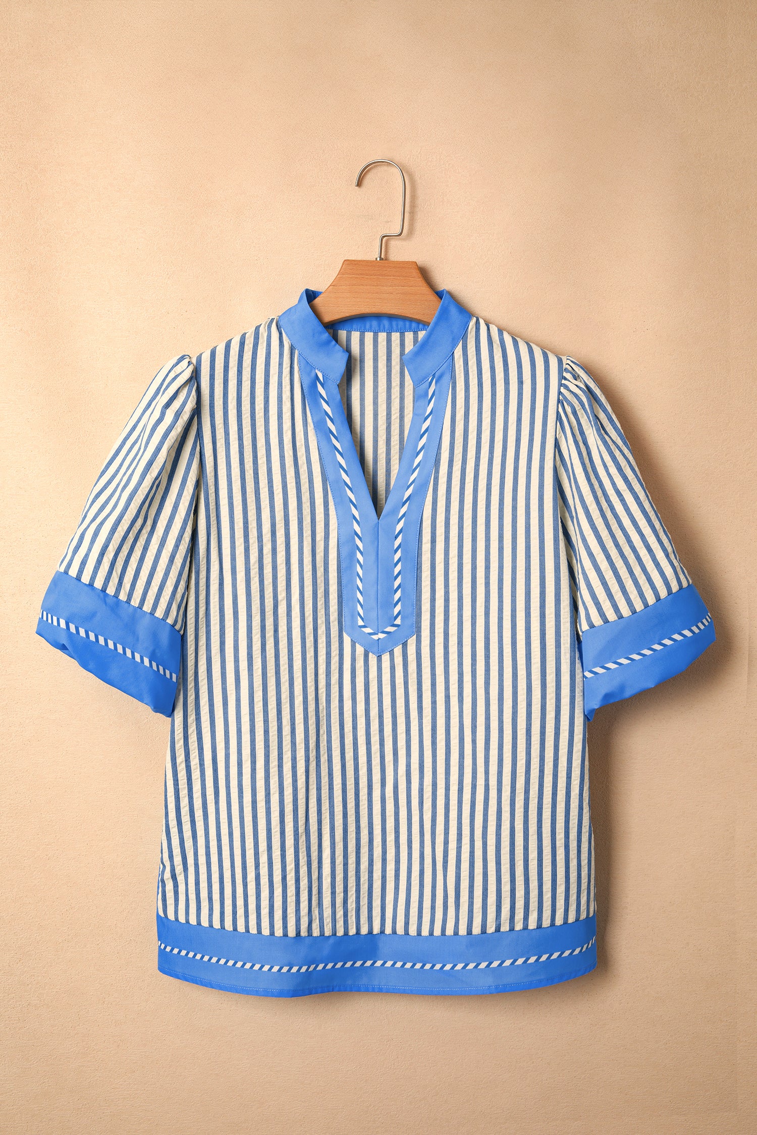 Sky Blue Stripe Color Block Detail V Neck Short Sleeve Blouse-Tops/Blouses & Shirts-[Adult]-[Female]-2022 Online Blue Zone Planet