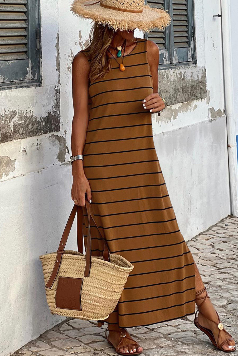 Blue Zone Planet | Brown Stripe Print Open Back Sleeveless Maxi Dress with Slits-TOPS / DRESSES-[Adult]-[Female]-Brown-S-2022 Online Blue Zone Planet