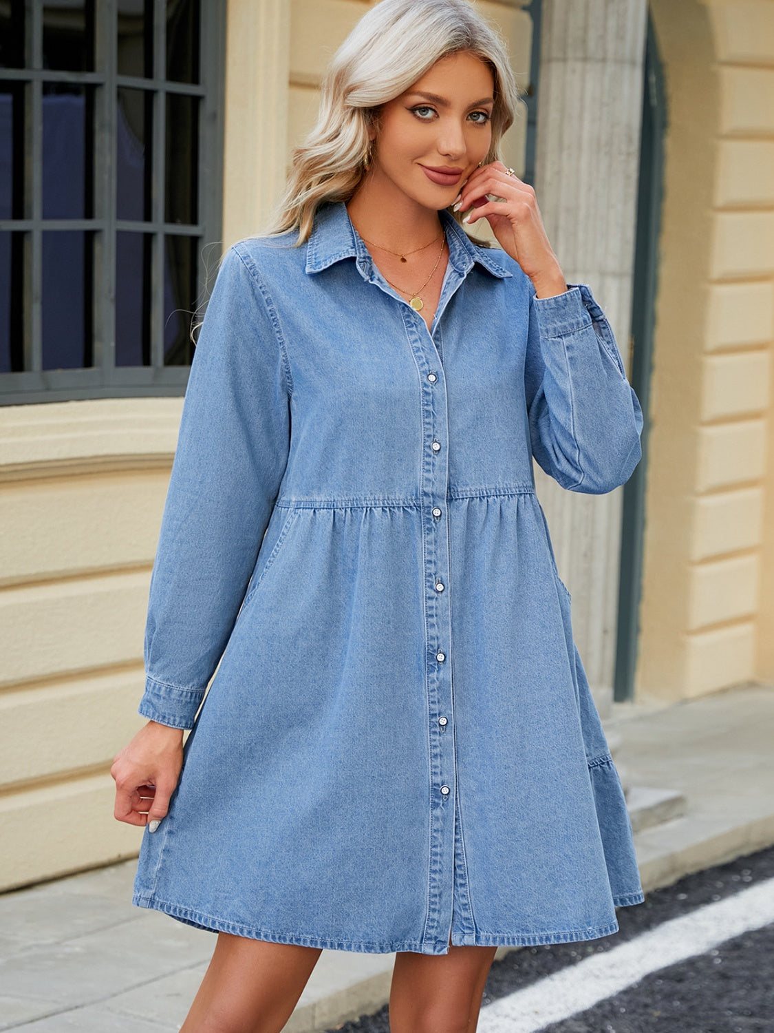 Blue Zone Planet | Tiered Button Up Long Sleeve Denim Dress-TOPS / DRESSES-[Adult]-[Female]-2022 Online Blue Zone Planet