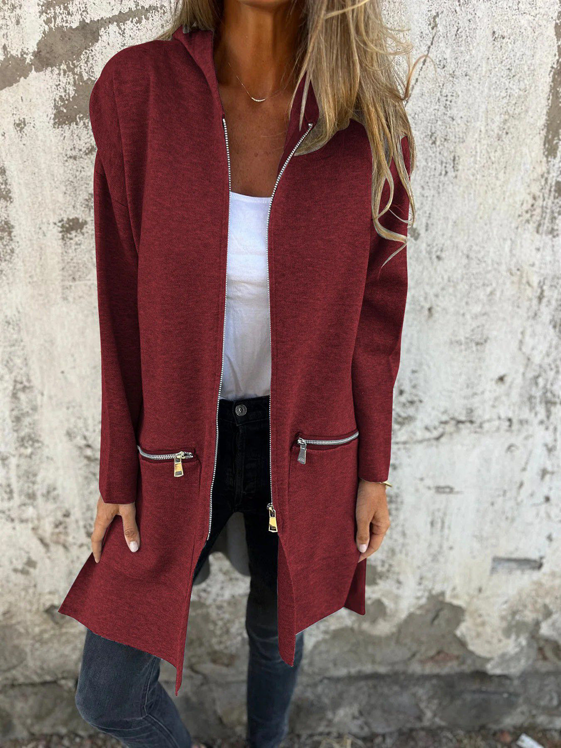 Full Size Zip Up Drop Shoulder Longline Hooded Jacket-TOPS / DRESSES-[Adult]-[Female]-Burgundy-S-2022 Online Blue Zone Planet