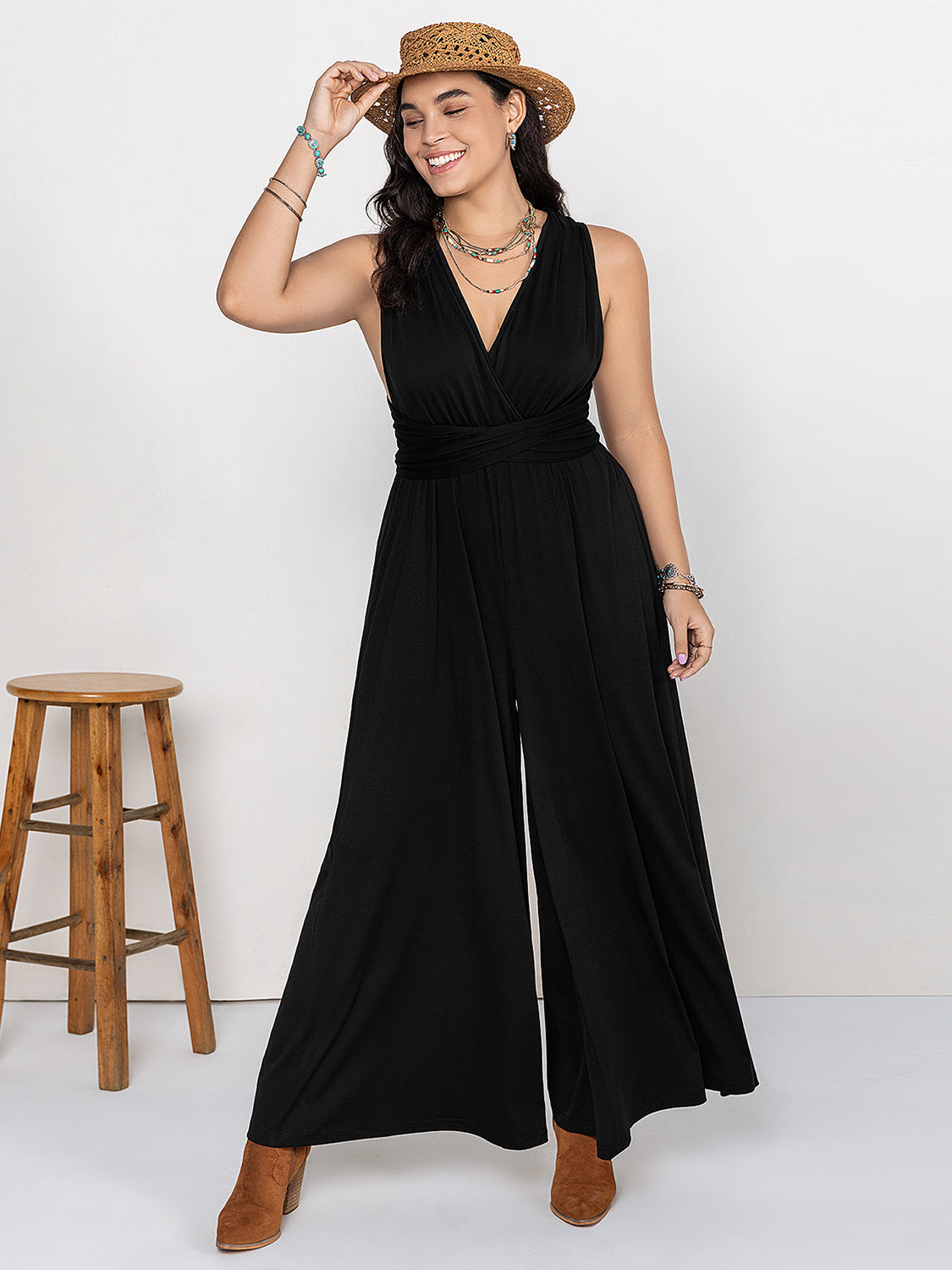 Plus Size V-Neck Wide Leg Jumpsuit-TOPS / DRESSES-[Adult]-[Female]-2022 Online Blue Zone Planet