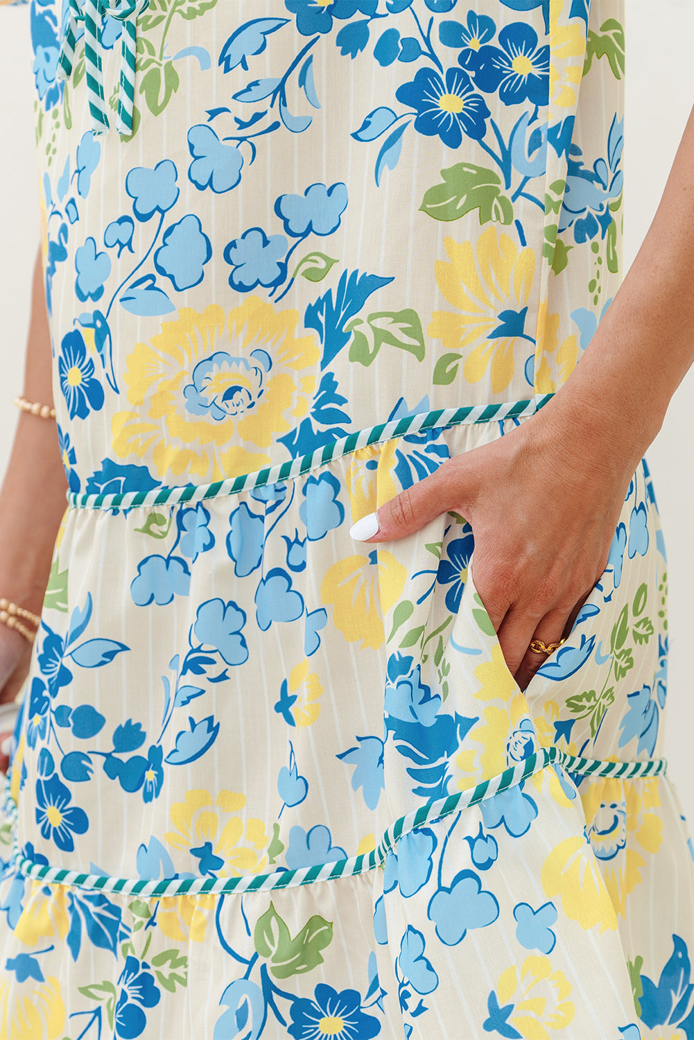 Blue Floral Striped Trim Puff Short Sleeve Dress-TOPS / DRESSES-[Adult]-[Female]-2022 Online Blue Zone Planet