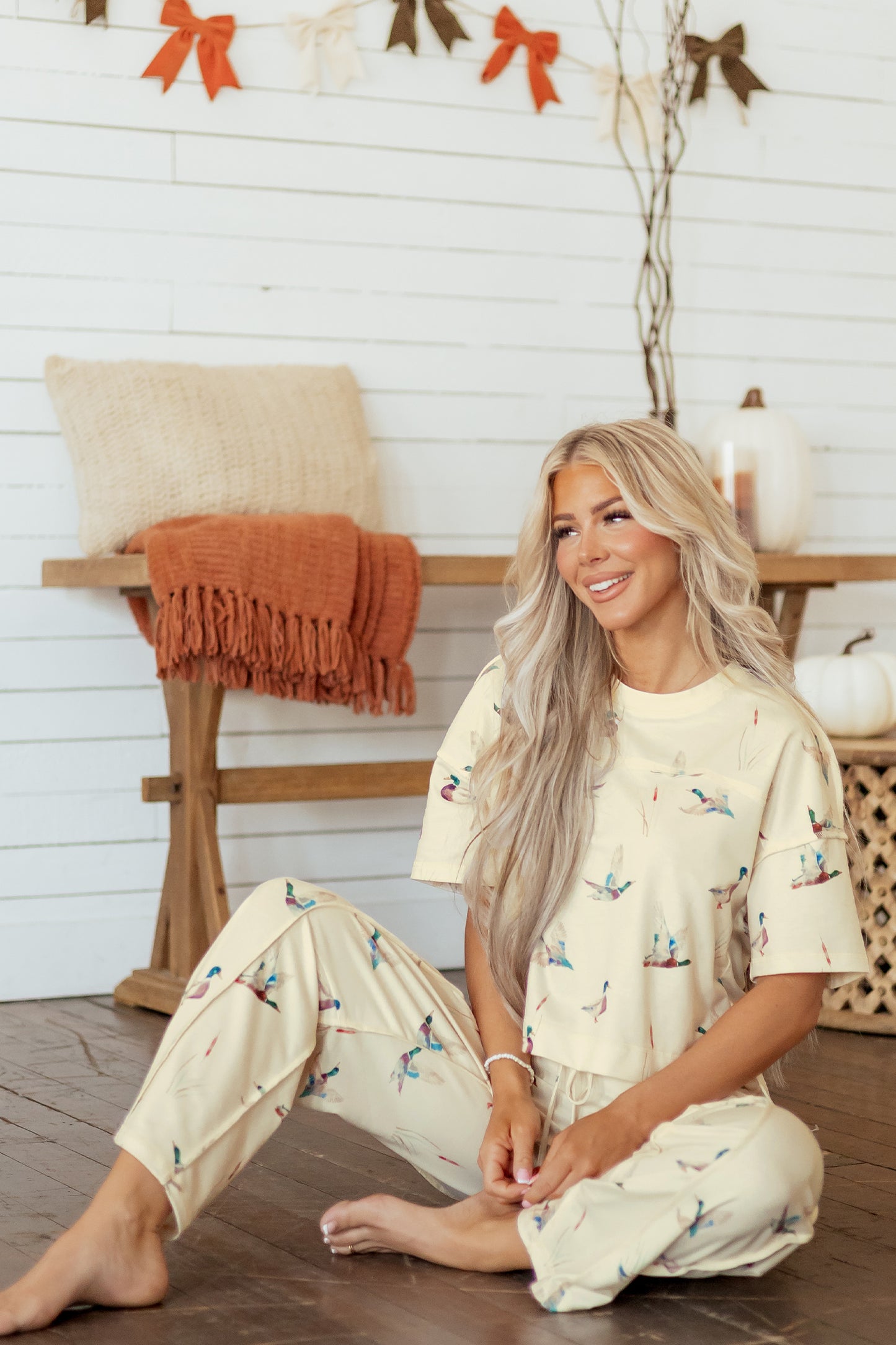 Beige Duck Print Short Sleeve Top Pocket Pants 2pcs Casual Set-Two Piece Sets/Pant Sets-[Adult]-[Female]-2022 Online Blue Zone Planet