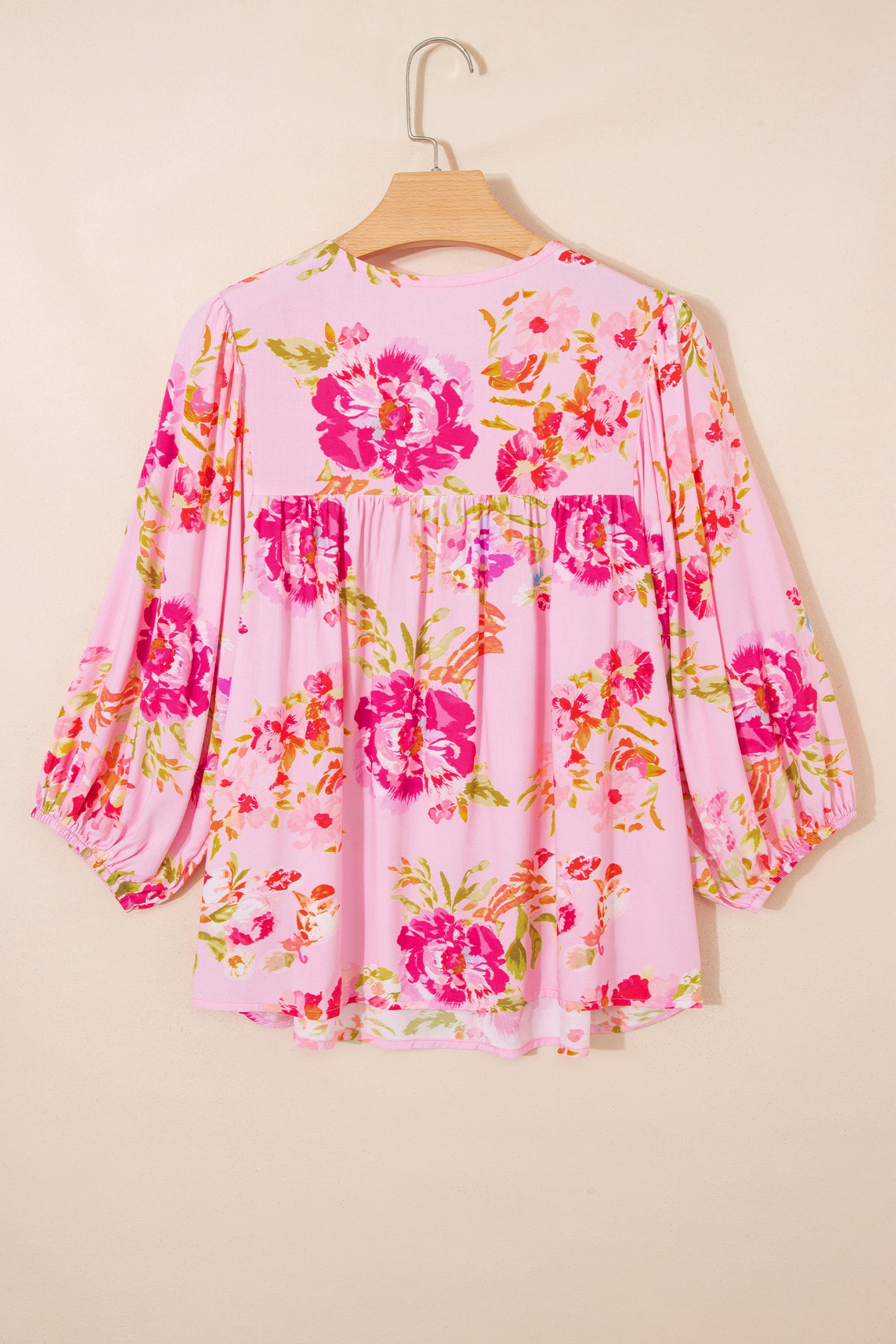 Pink Floral Print Tie Neck Puffy Half Sleeve Blouse-Tops/Blouses & Shirts-[Adult]-[Female]-2022 Online Blue Zone Planet