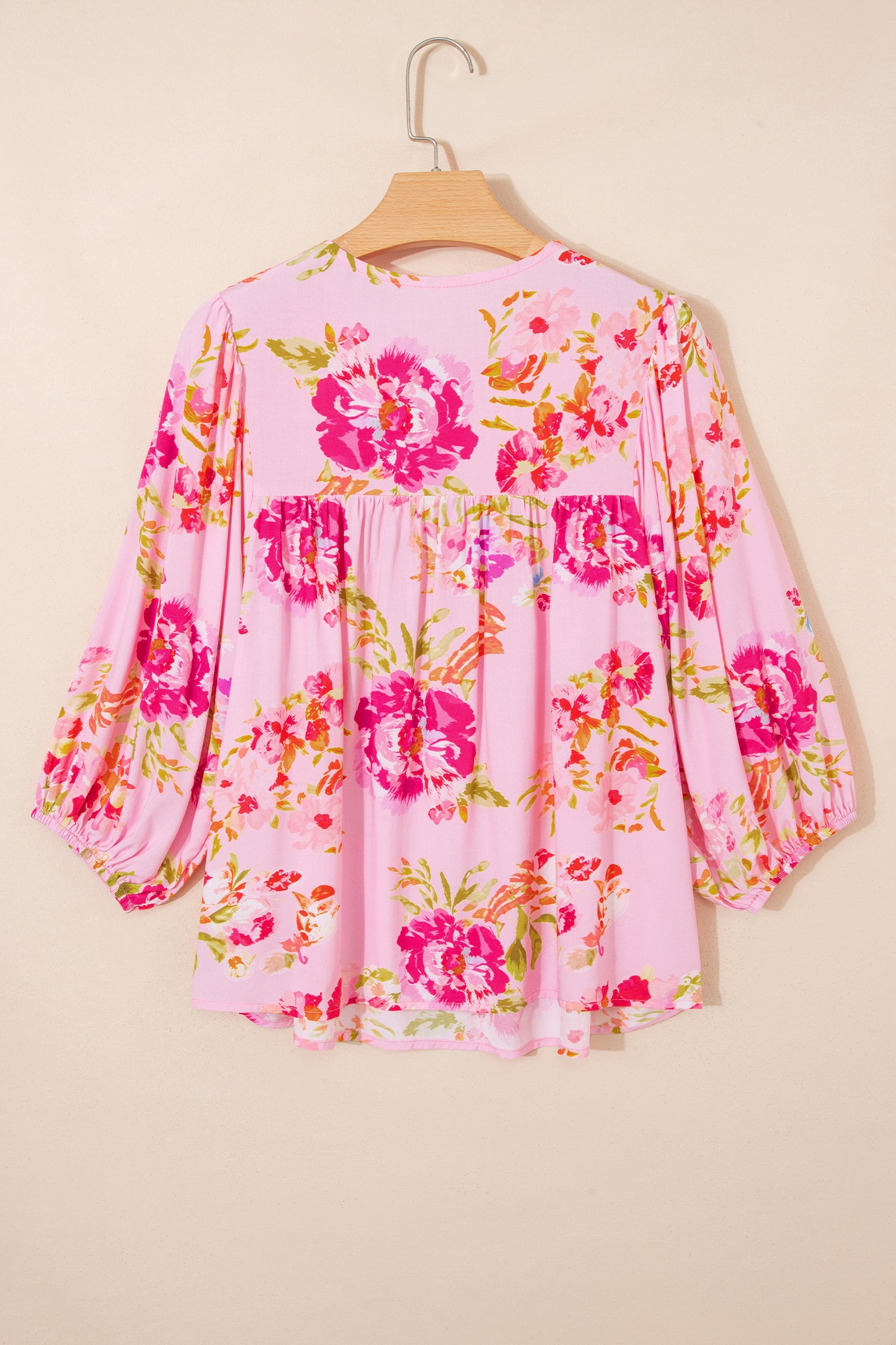 Pink Floral Print Tie Neck Puffy Half Sleeve Blouse-Tops/Blouses & Shirts-[Adult]-[Female]-2022 Online Blue Zone Planet