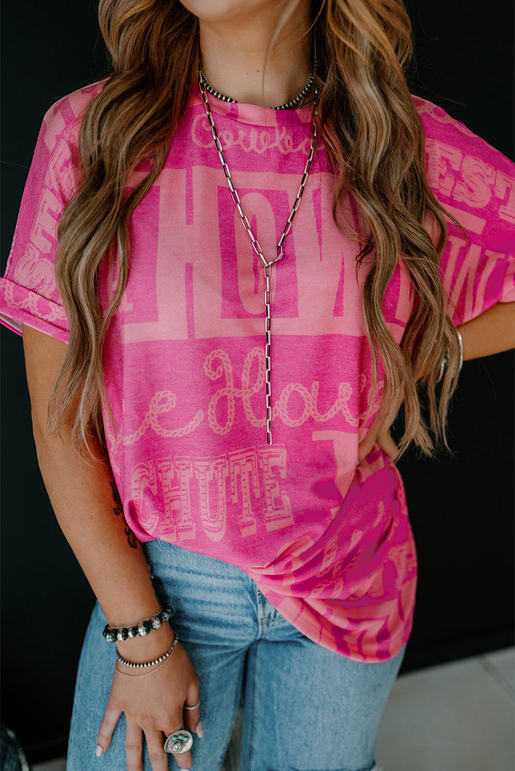 Rose Howdy Cowboy Letter Printed Western Fashion Tee-Tops/Tops & Tees-[Adult]-[Female]-Rose-S-2022 Online Blue Zone Planet