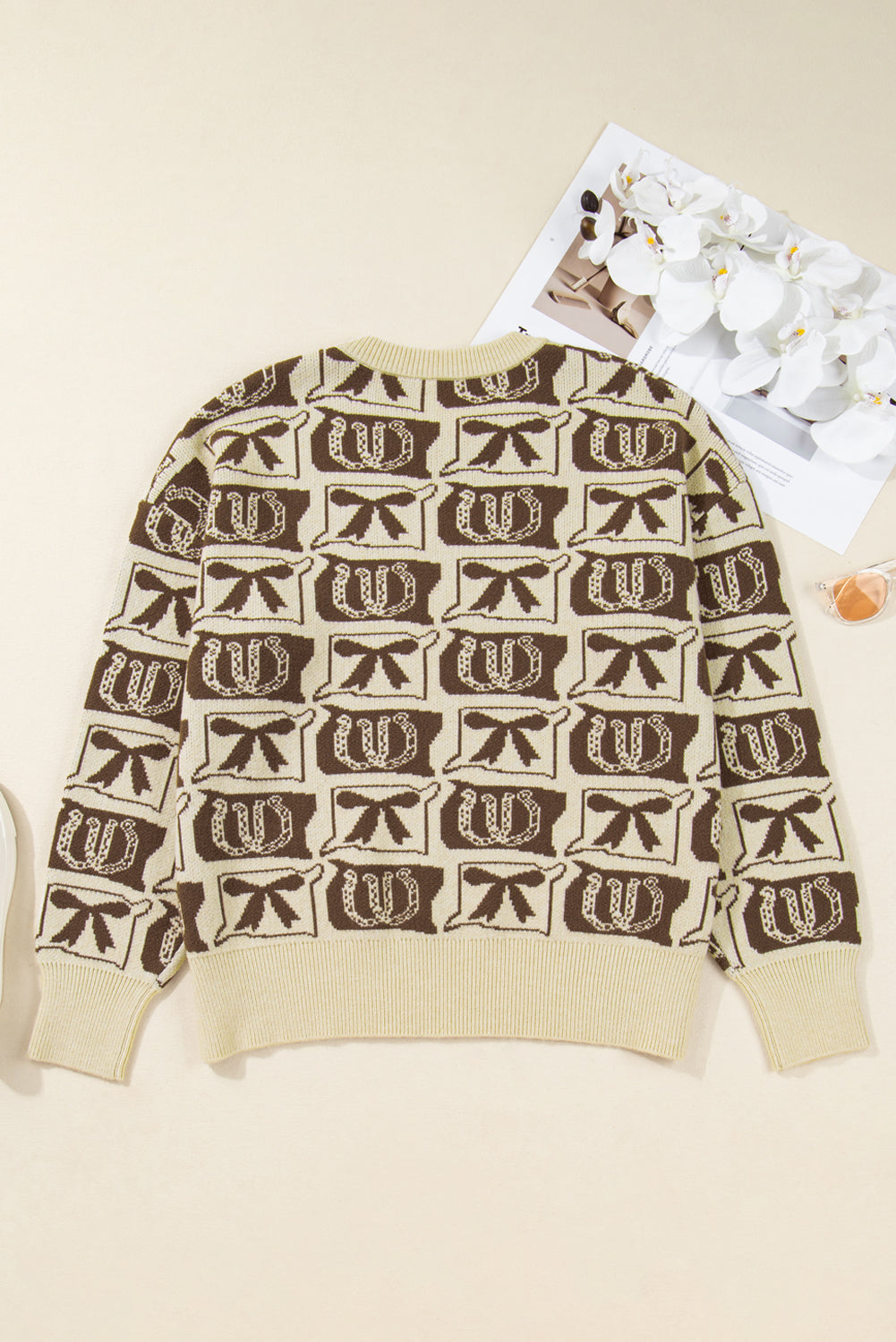 Brown Bow Horseshoe Print Checkered Plus Size Sweater-TOPS / DRESSES-[Adult]-[Female]-2022 Online Blue Zone Planet