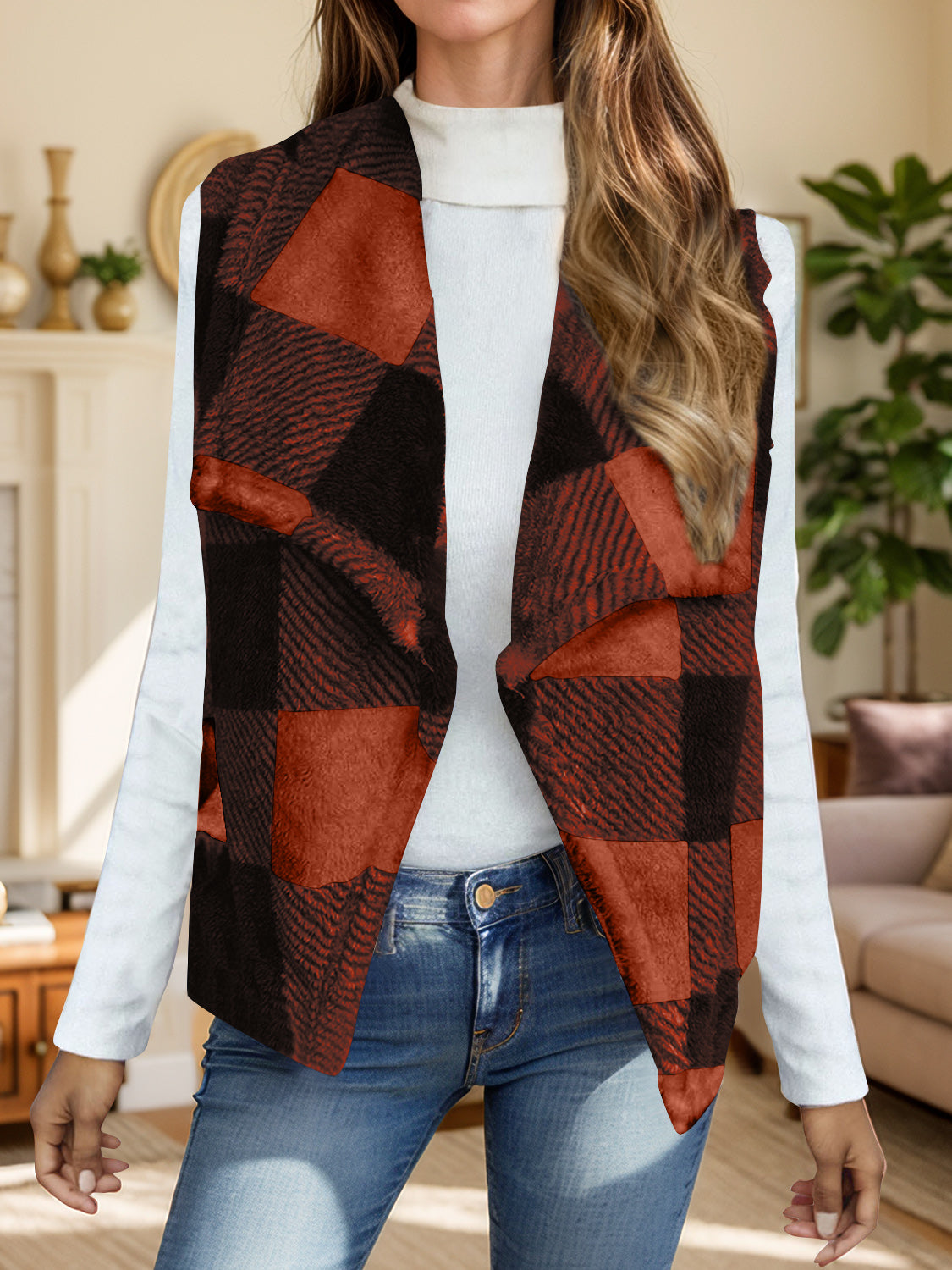 Plaid Open Front Vest Coat-TOPS / DRESSES-[Adult]-[Female]-Orange-Red-S-2022 Online Blue Zone Planet