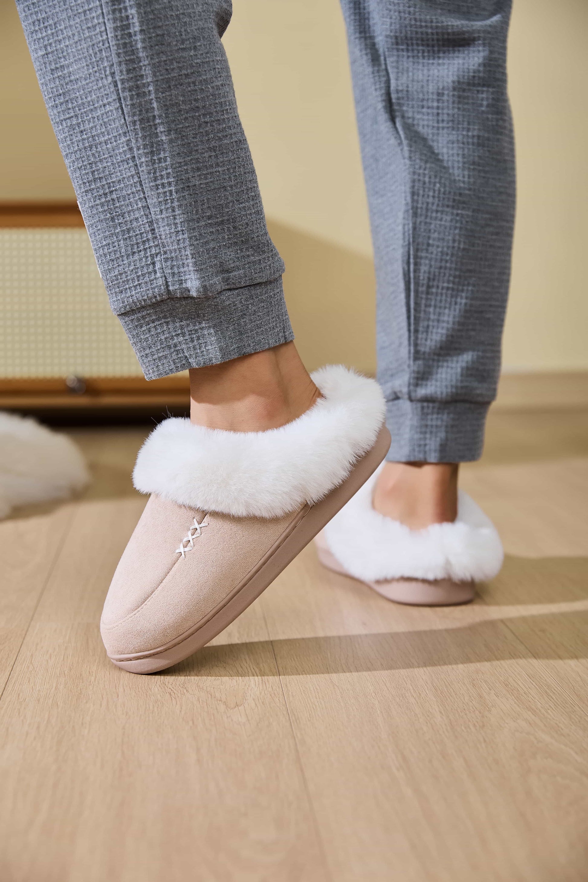 Fluff Trim Round Toe Flat Slippers-SLIPPERS-[Adult]-[Female]-2022 Online Blue Zone Planet