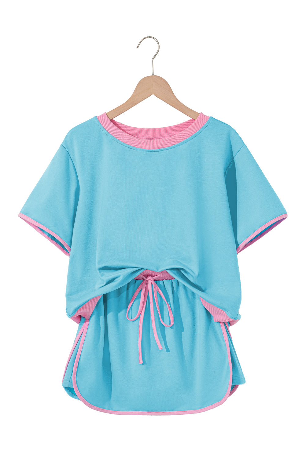 Turquoise Colorblock Edge Drop Shoulder T Shirt and Skirt 2Pcs Set-Two Piece Sets/Two Piece Dresses-[Adult]-[Female]-2022 Online Blue Zone Planet