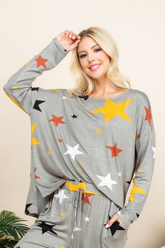 Blue Zone Planet | Super Lady High-Low Star Print Long Sleeve Lounge Top-TOPS / DRESSES-[Adult]-[Female]-2022 Online Blue Zone Planet