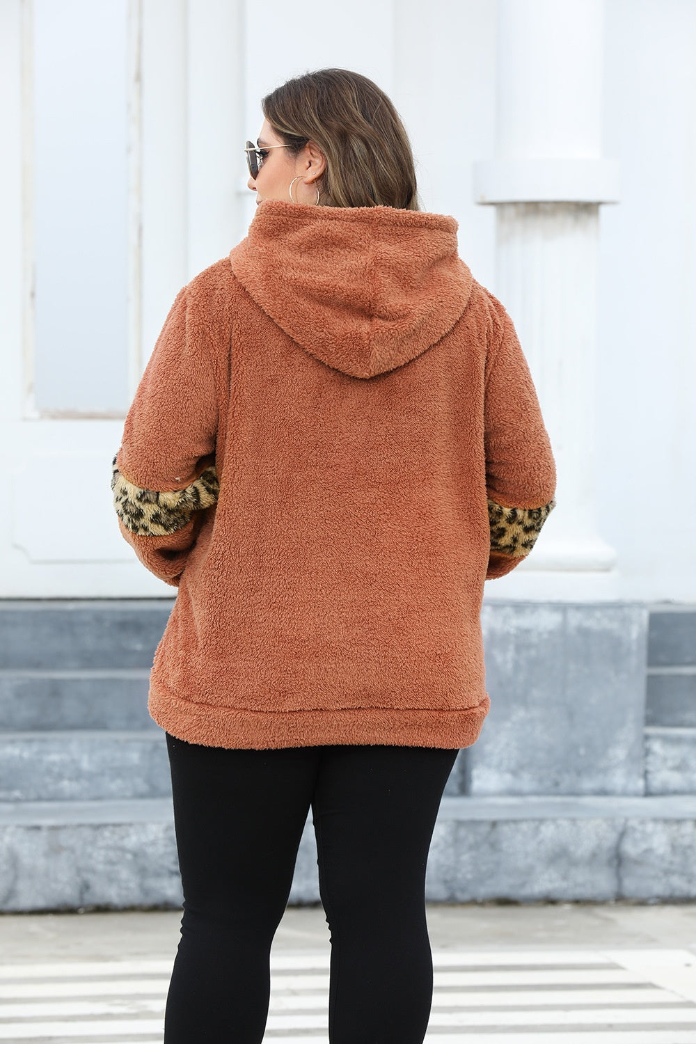 Blue Zone Planet | Plus Size Leopard Kangaroo Pocket Long Sleeve Hoodie-TOPS / DRESSES-[Adult]-[Female]-2022 Online Blue Zone Planet