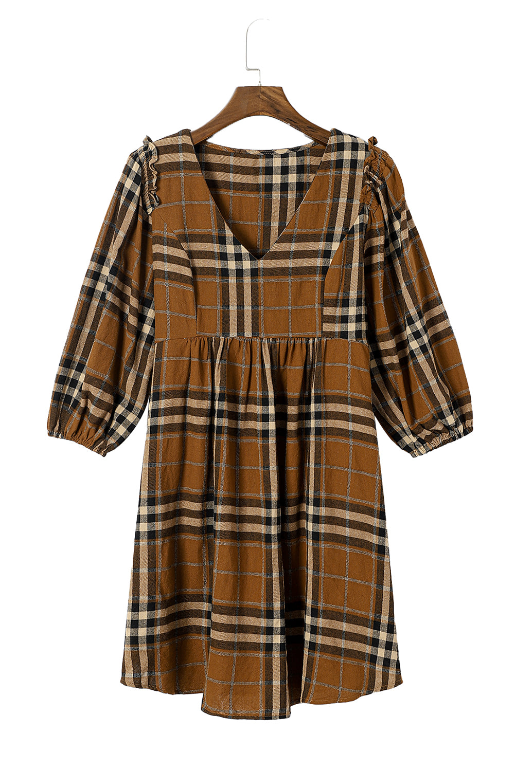 Blue Zone Planet | Brown Plaid Pattern Empire Waist Babydoll Dress-TOPS / DRESSES-[Adult]-[Female]-2022 Online Blue Zone Planet