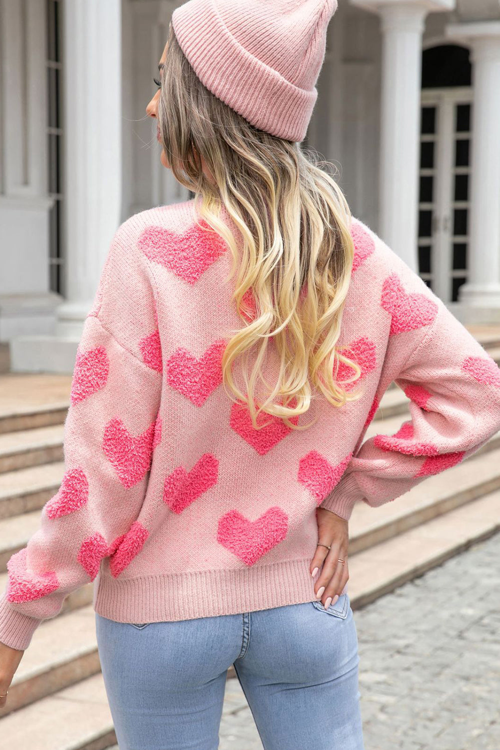 Blue Zone Planet | Light Pink Valentines Day Heart Jacquard Knit Sweater-Sweaters-[Adult]-[Female]-2022 Online Blue Zone Planet