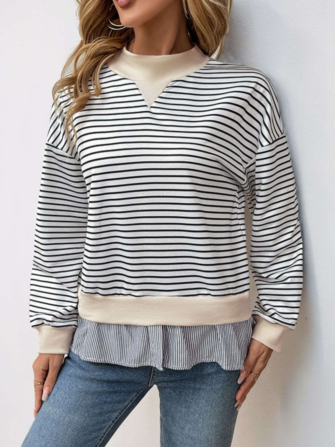 Perfee Faux Layered Striped Long Sleeve Sweatshirt-TOPS / DRESSES-[Adult]-[Female]-2022 Online Blue Zone Planet