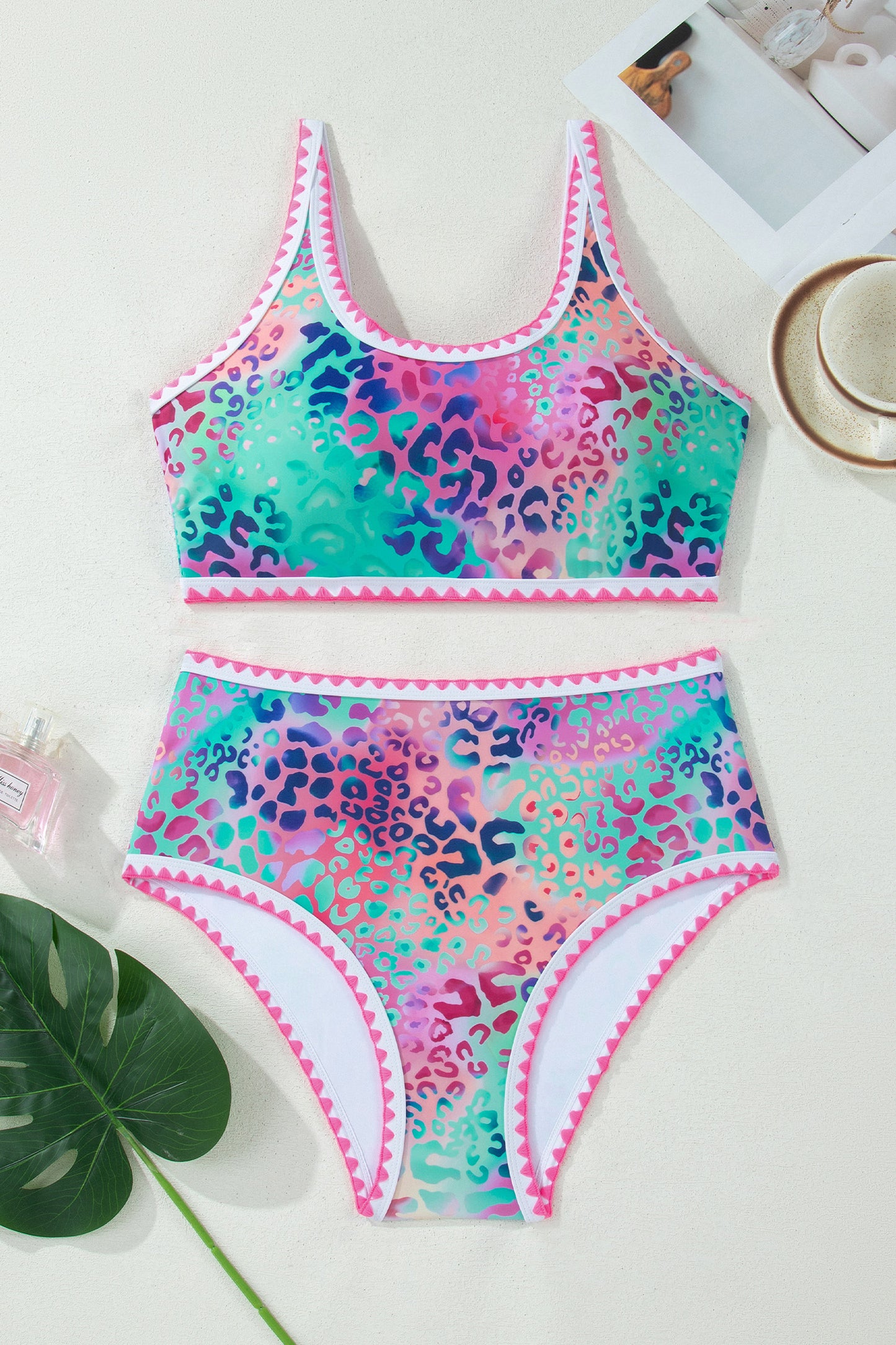 Pink Leopard Ricrac Trim Square Neck High Waist Bikinich-Swimwear/High Waisted Swimsuit-[Adult]-[Female]-2022 Online Blue Zone Planet