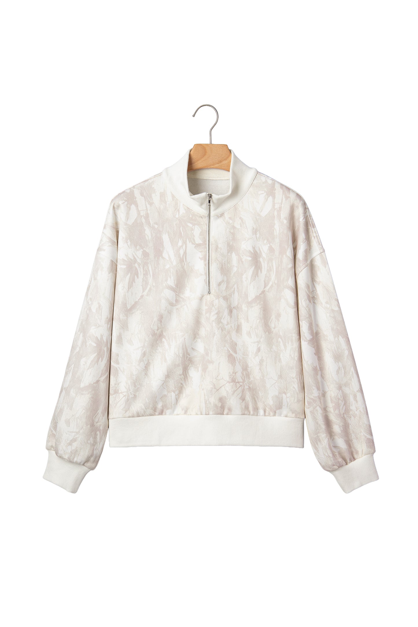 Khaki Camouflage Print Quarter-Zip Drop Shoulder Long Sleeve Sweatshirt