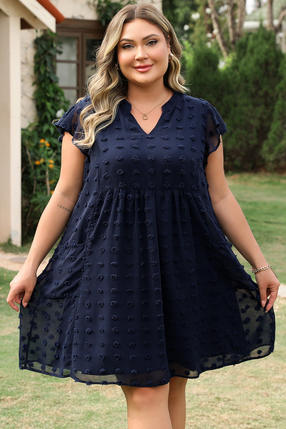 Navy Blue Dotty Textured Notched Neck Plus Ruffled Dress-TOPS / DRESSES-[Adult]-[Female]-2022 Online Blue Zone Planet