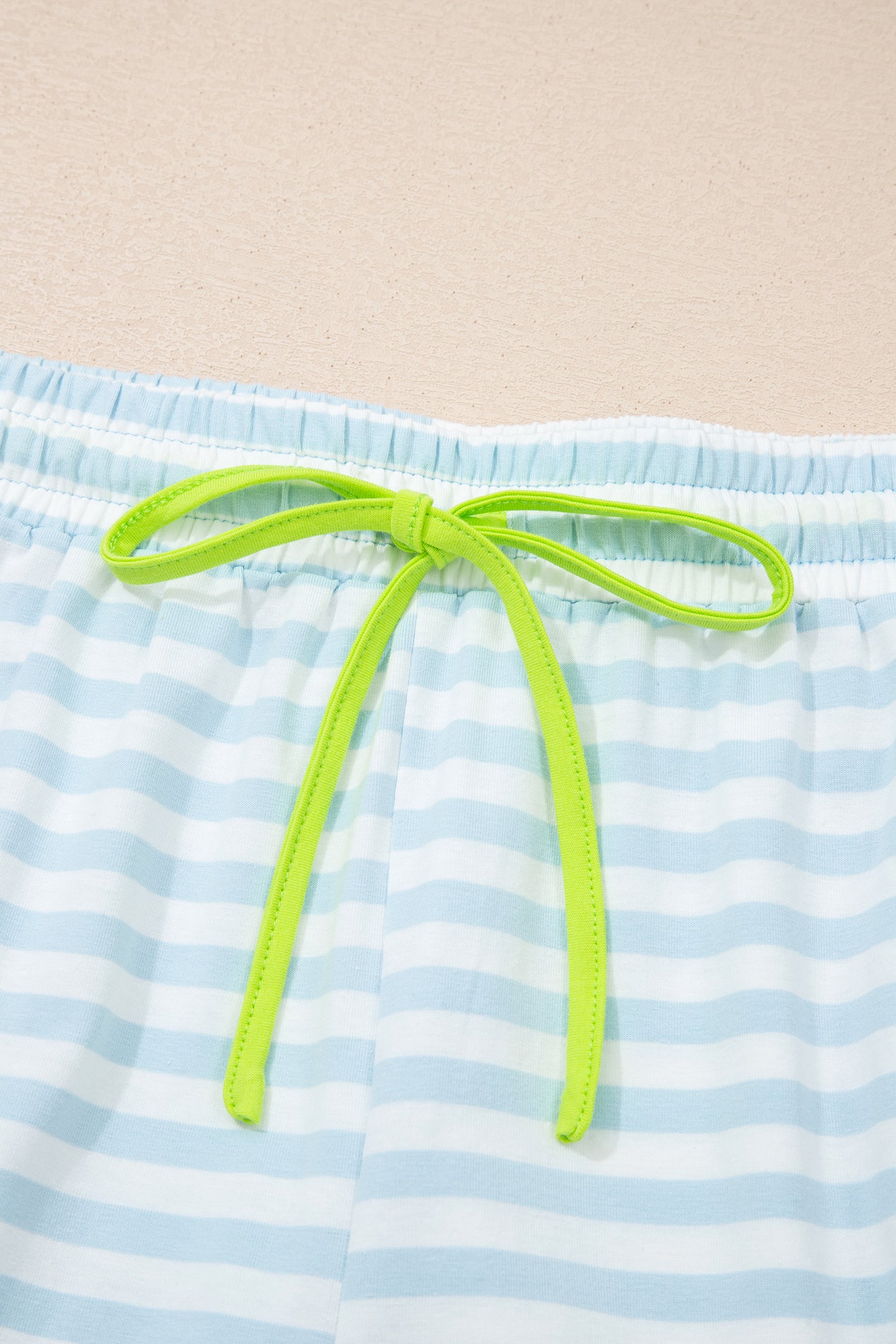 Sky Blue Stripe Contrast Neck Loose Tee and Drawstring Shorts Set-Two Piece Sets/Short Sets-[Adult]-[Female]-2022 Online Blue Zone Planet