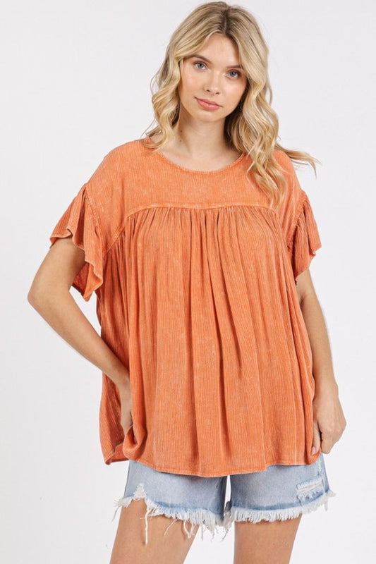 Mittoshop Mineral Washed Round Neck Ruffle Sleeve Blouse-TOPS / DRESSES-[Adult]-[Female]-2022 Online Blue Zone Planet