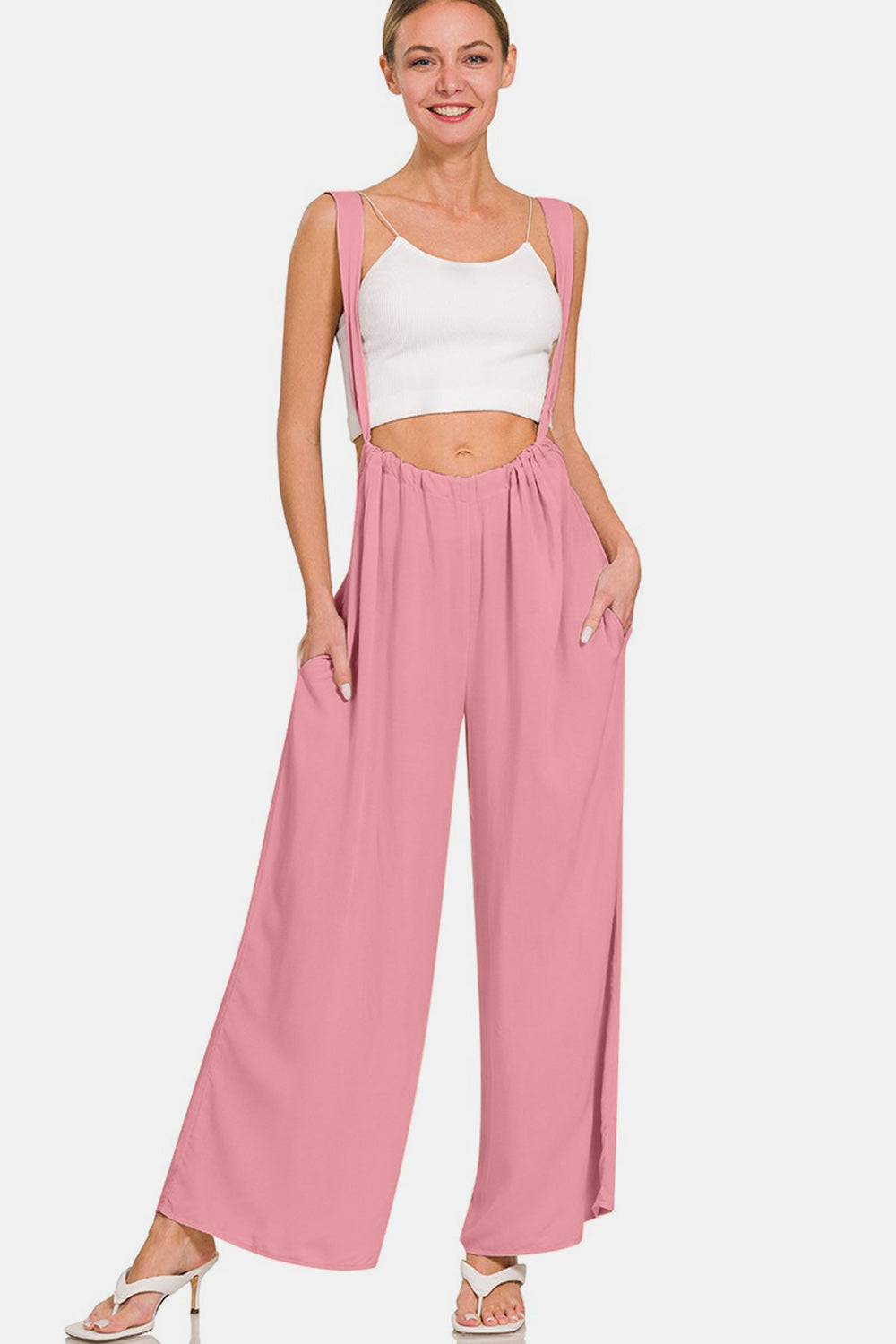 Blue Zone Planet | Zenana Pocketed Wide Strap Wide Leg Overalls-TOPS / DRESSES-[Adult]-[Female]-Lt Rose-S-2022 Online Blue Zone Planet